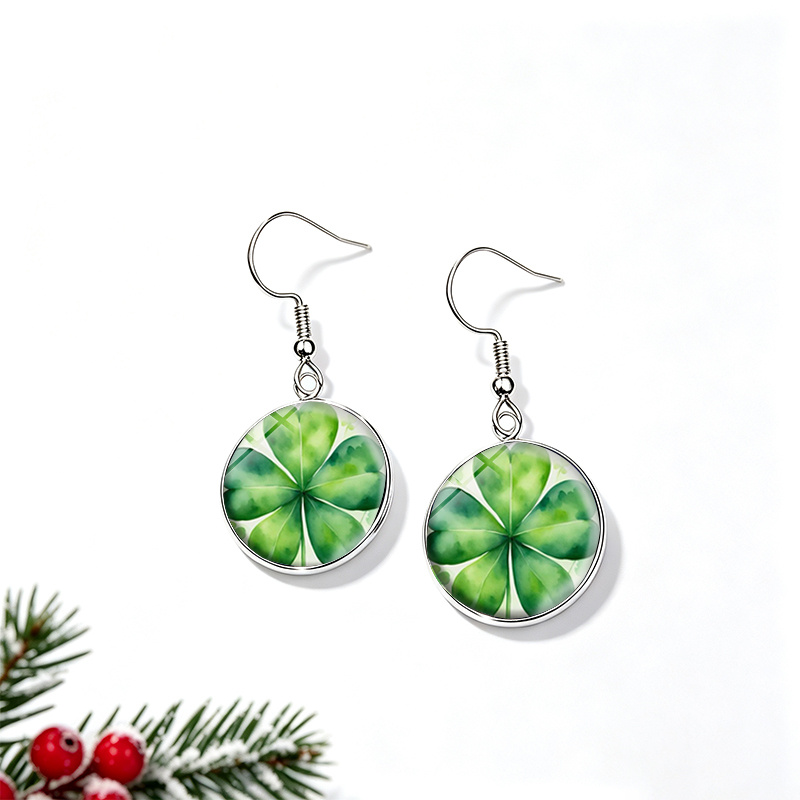 Watercolor Four-Leaf Clover Round Glass Cabochon Dangle Earrings