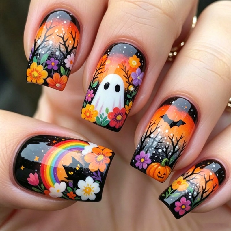 TEMU 72pcs Sunset Gradient Starry Black Long Coffin Halloween Press On Nails, Hand Painted Cute Black Cat Colorful Flower Pumpkin Bat False Nails,