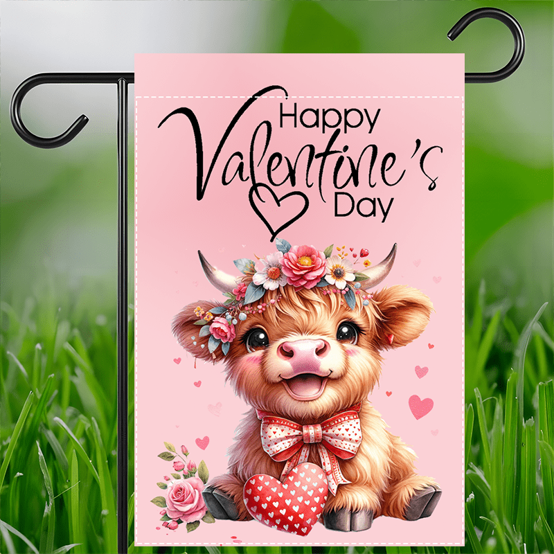 

1pc Highland Cow Valentine's Day Garden Flag, 12x18inch, Double-sided, Waterproof Polyester, Love And , Burlap, No Electricity Needed, Ideal For Indoor & Outdoor Decoration