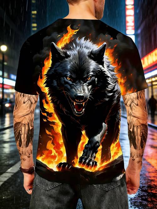 mens 3d flame wolf pattern t shirt black and orange flame print wolf street style fashion apparel soft fabric printed top
