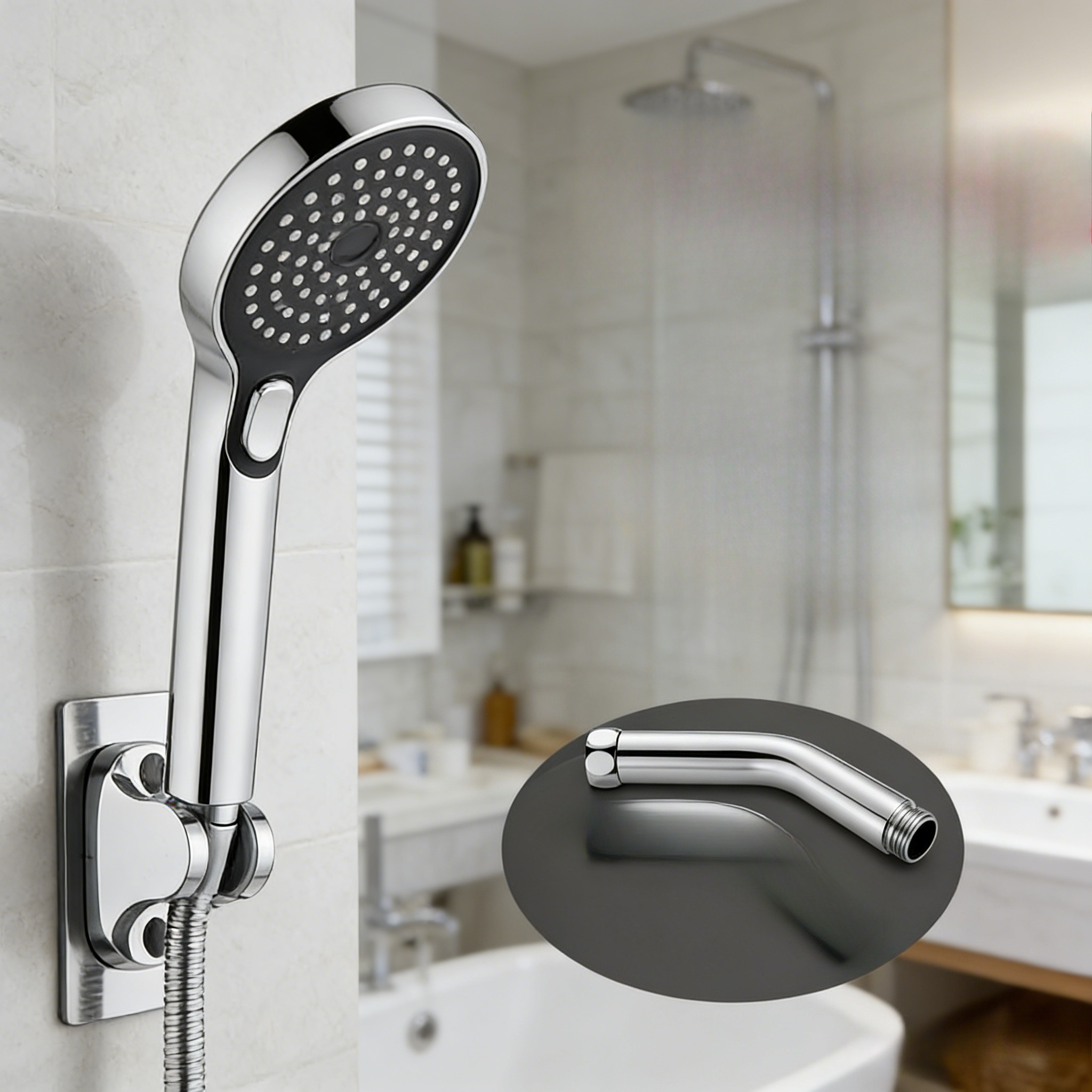 Image of Long Shower Head Angle Adjuster | Handheld To Overhead Shower Converter | Shower Holder Elbow Fitting, Abs Plated Angle Adjuster, Plastic Material