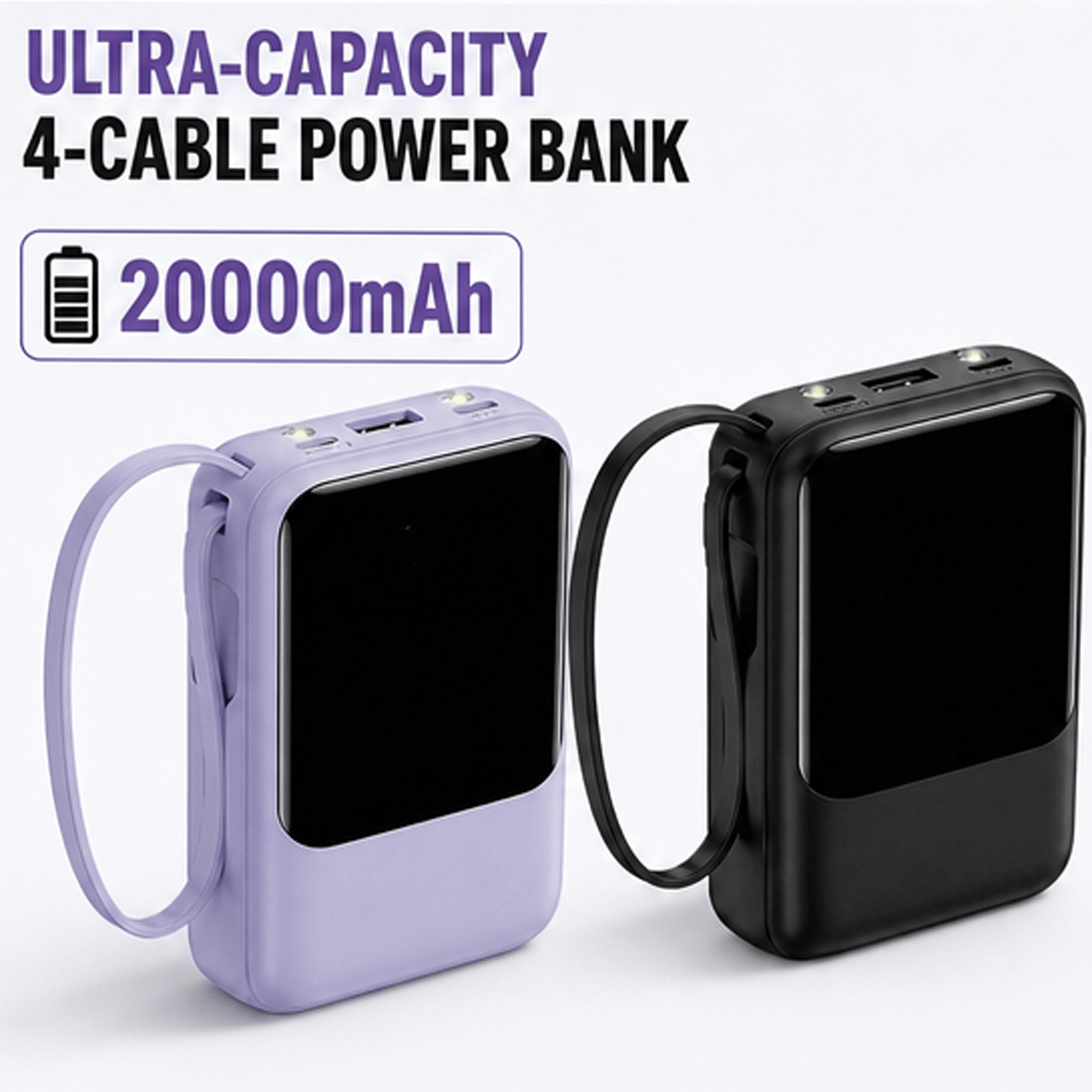 TEMU Mini batterie externe portable 20000 mAh, 4 câbles de charge intégrés et lumière LED ultra-lumineuse, batterie externe universelle durable pour