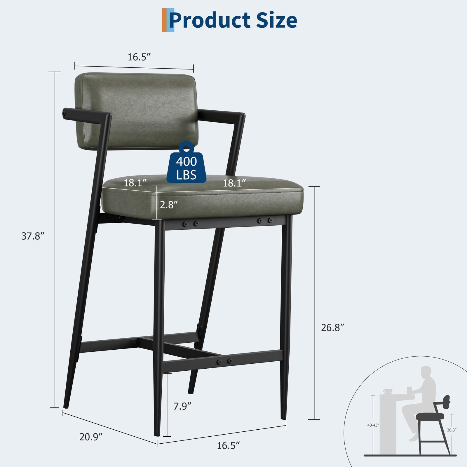 2 Thick Stools With Backrest And Armrest For Kitchen Island Or Dining Room