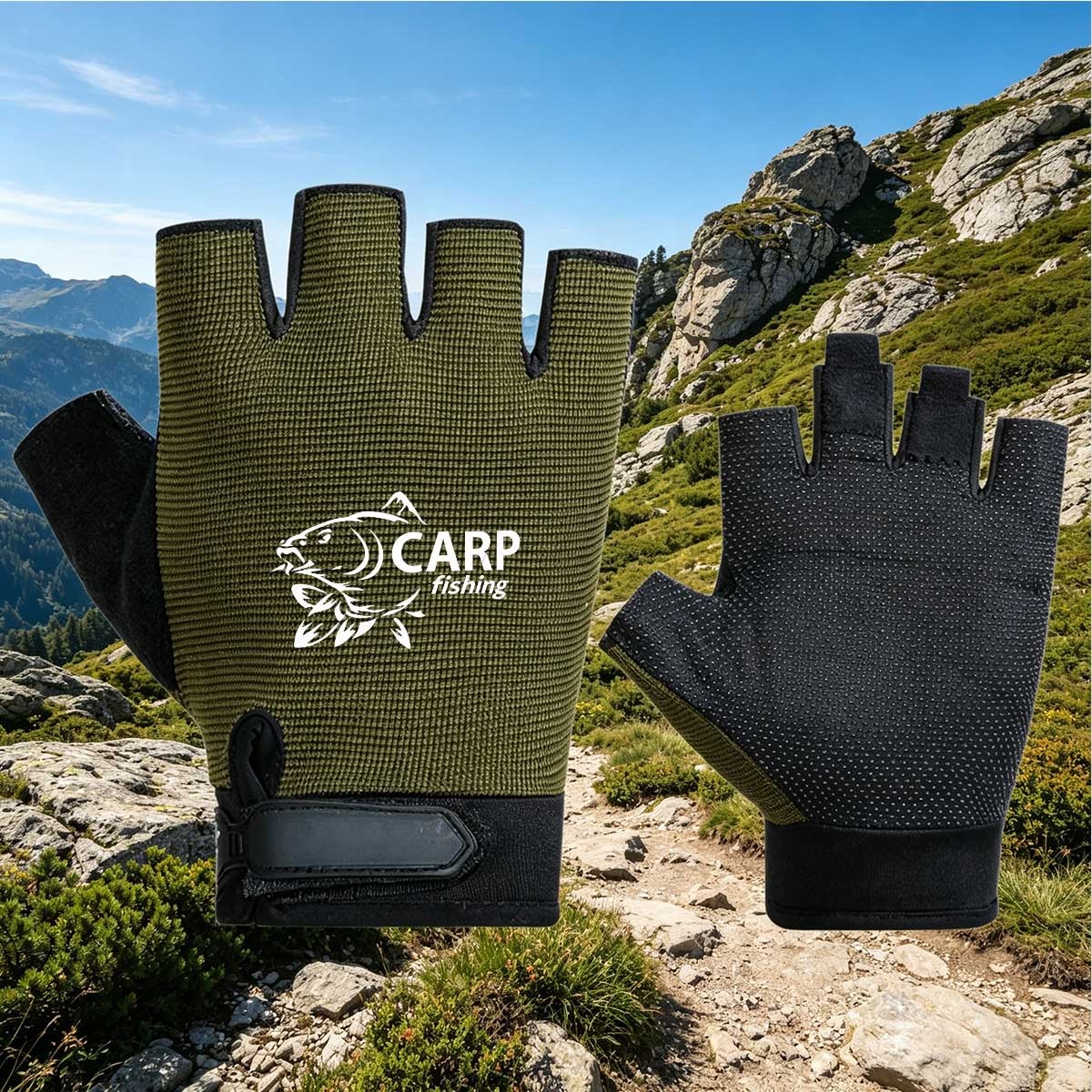 TEMU 1-pair Carp Fishing Themed Gloves With Carp Fish Print & Carp Text - Hook System Suitable For Outdoor Fishing,,, Unisex For &, Tape Closure,