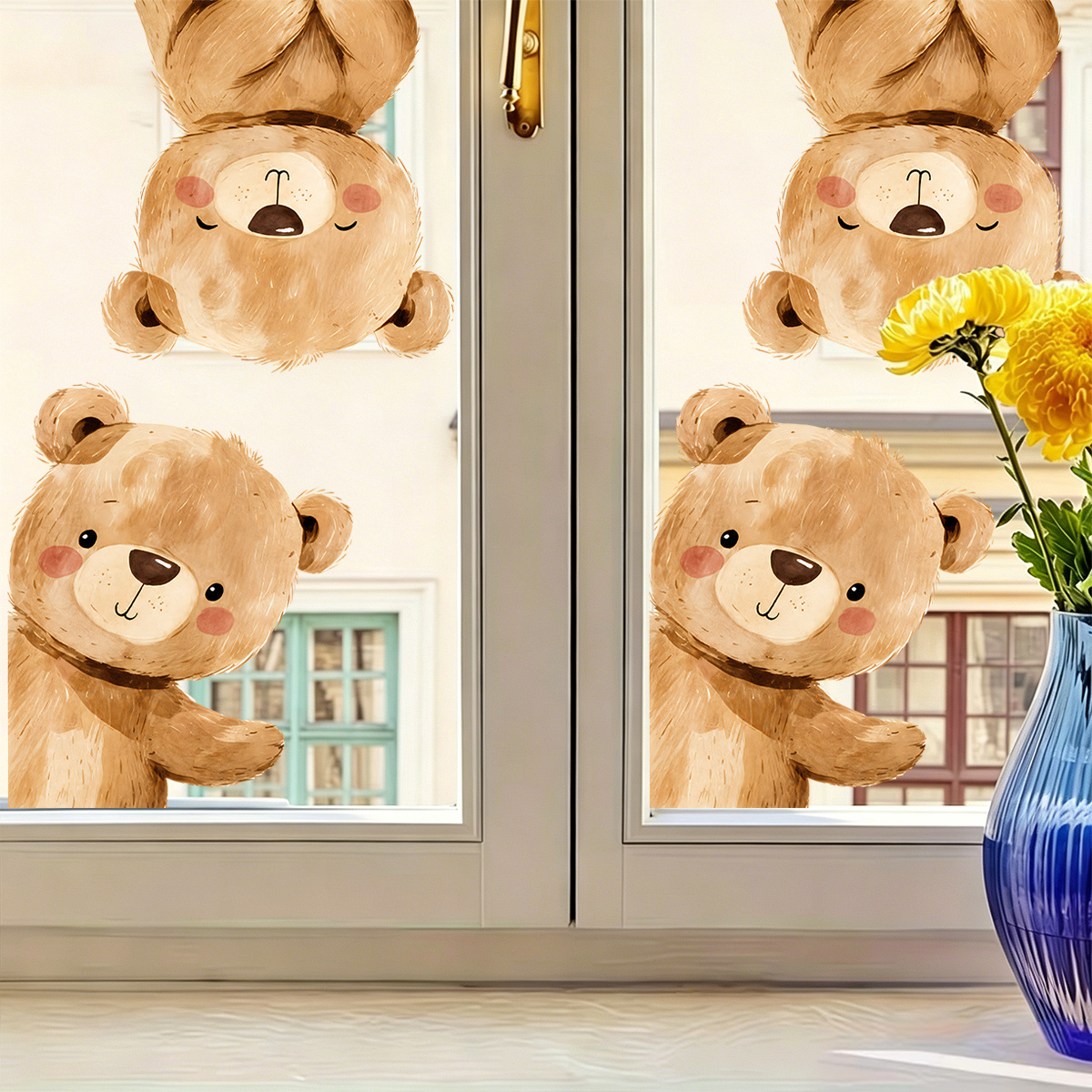 TEMU Soft And Cute Plush Bear Static Cling Glass Film Decorative Window Sticker, No Glue, Reusable, Multiple Patterns Suitable For Living Room,