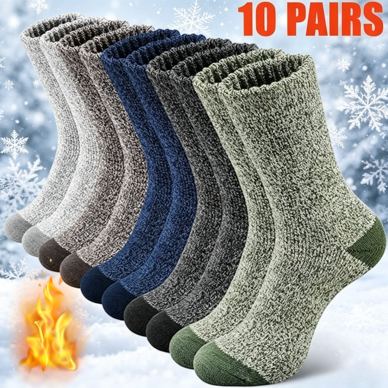 TEMU 10-pair Set Of Simple Solid Color Thickened Warm Winter Men's Mid-calf Socks, Men's Ski Socks, Plush Heat-retaining Knitted Socks With Flexible