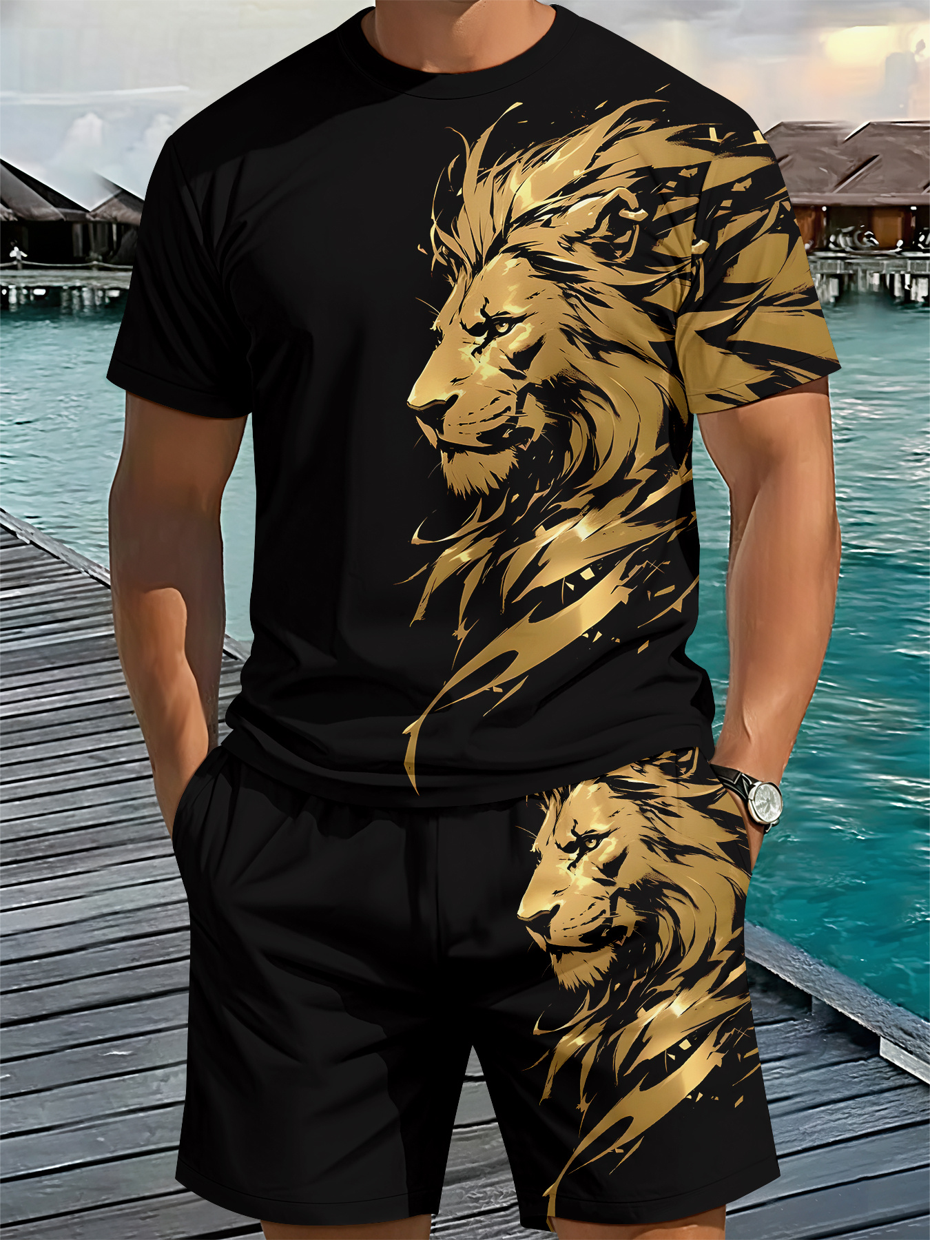 Ensemble Homme Imprimé Lion 3D Noir & Doré Ensemble Homme à Manches Courtes et Col Rond avec Impression Numérique 3D, Motif Lion Noir et Doré - Lot de 2 Pièces, Idéal pour Afficher l
