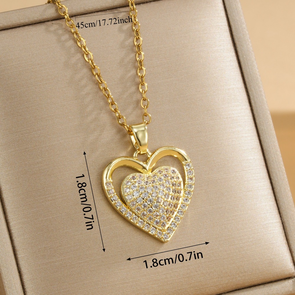 TEMU Collier avec pendentif double cœur plaqué or 14K, en cuivre avec pendentif cœur et synthétique micro-sertie, chaîne câble en acier inoxydable