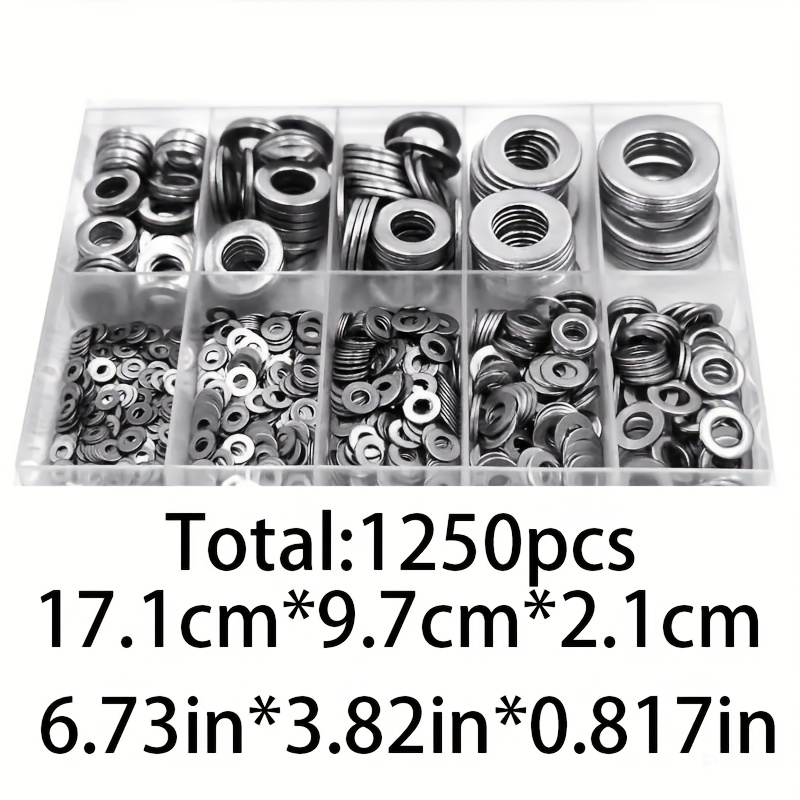 Image of 1250pcs Flat Washer Kit | 304 Stainless Steel Flat Washers In Sizes M2, M2.5, M3, M4, M5, M6, M8, M10, M12 For Home Decor, Factory Repair, Kitchen, Store & Outdoor Use | Brand: Zhengge