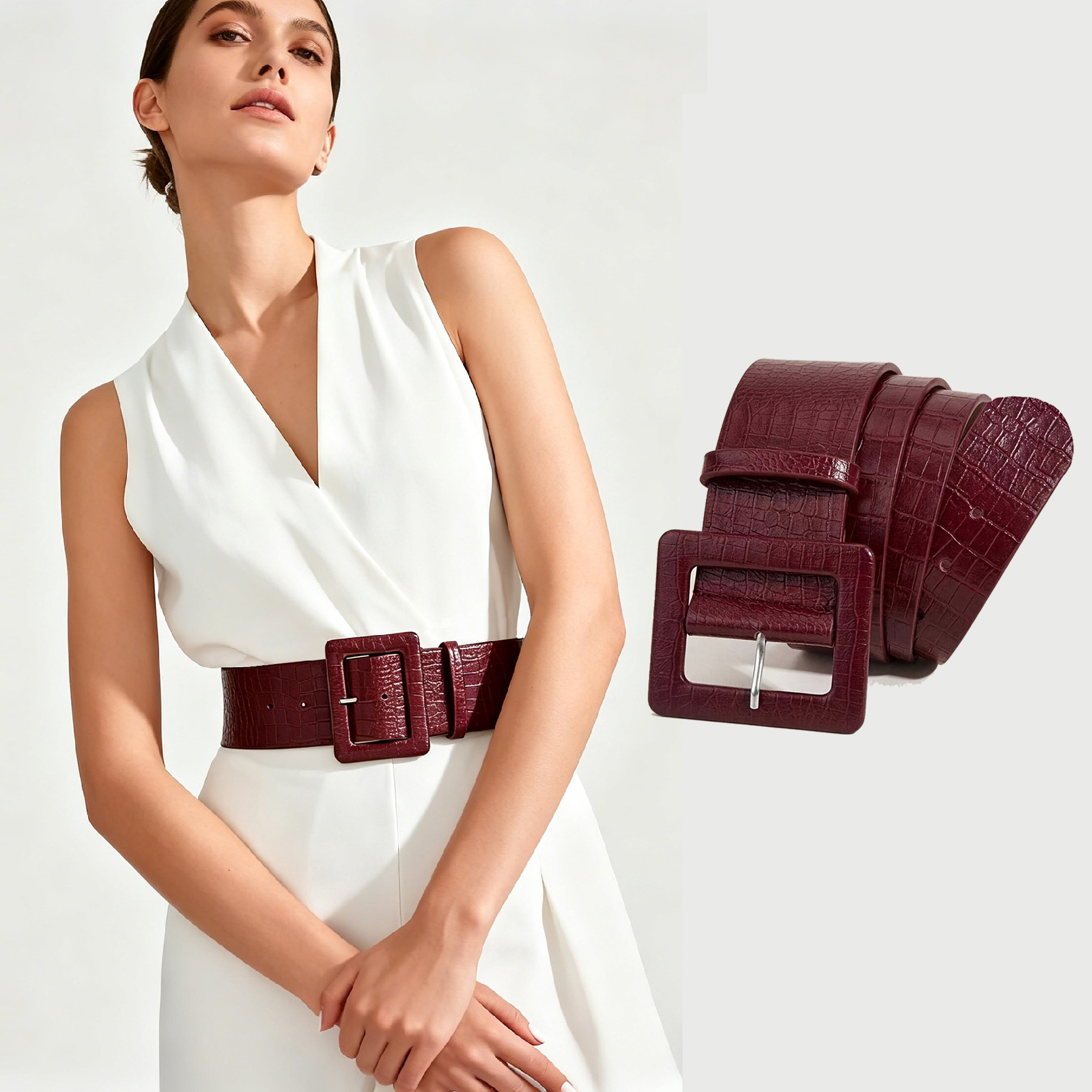 TEMU Cinturón ancho retro color borgoña para mujer, adecuado para vestidos y trajes de noche - Cinturón de tiro con hebilla cuadrada y de , /Talla