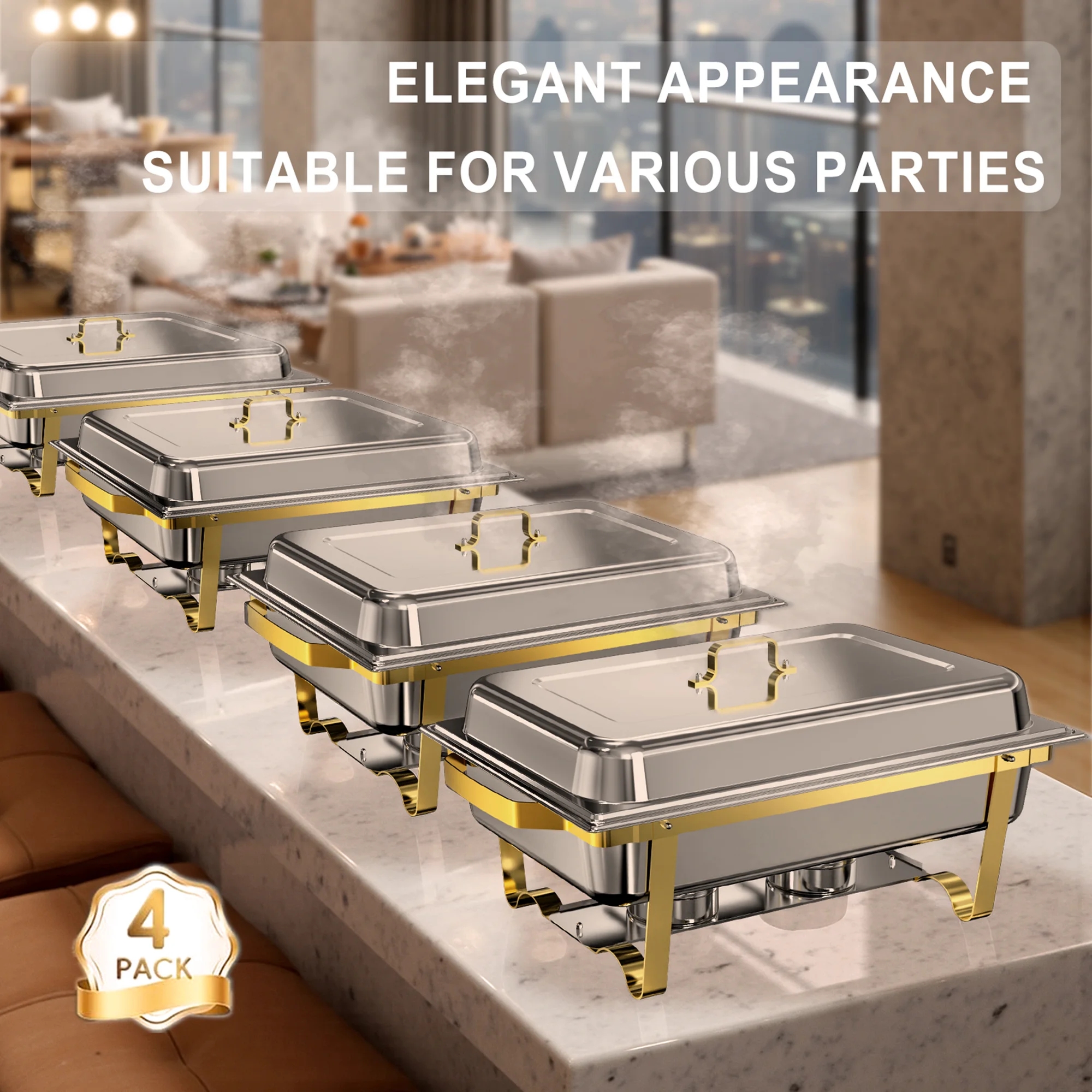Image of Chafing Dishes For Buffet, 9 Qt Chafing Dish Buffet Set, Rolled- Food Warmers For Parties, Buffet, Wedding, Birthday, Halloween, Christmas, 2/4 Pack 2/4 Pans - Cooking