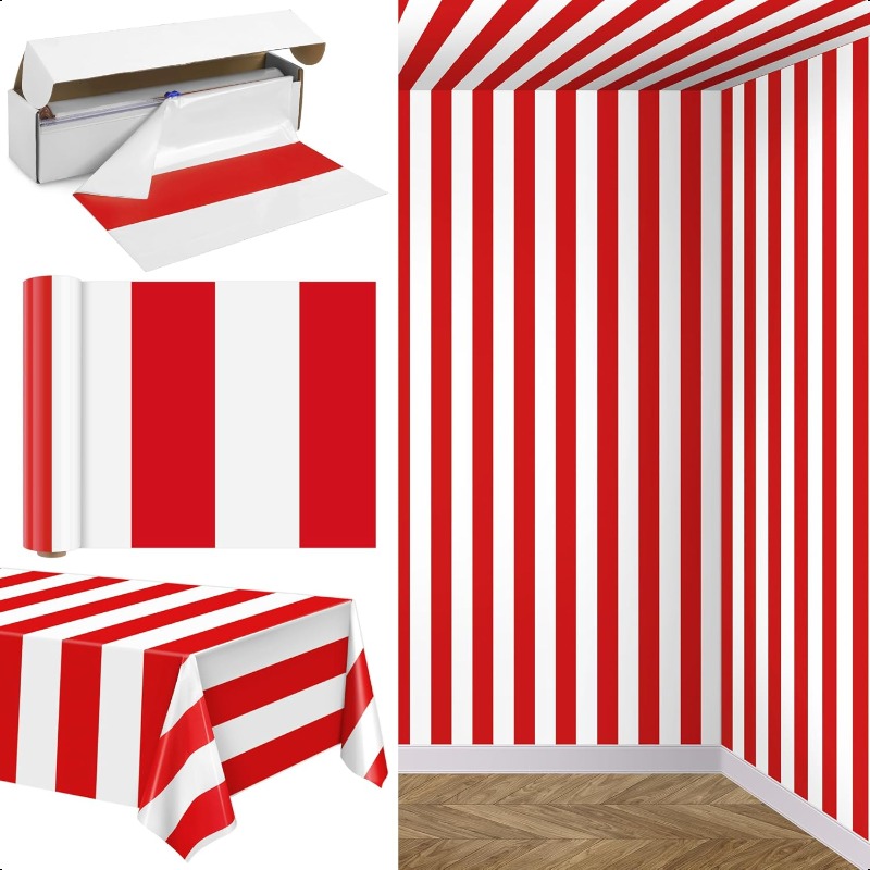 TEMU 100 Ft X 54 Ft Red And White Striped Tablecloth Box - Disposable, Carnival Party Backdrops For Table, Stage And Event Decor