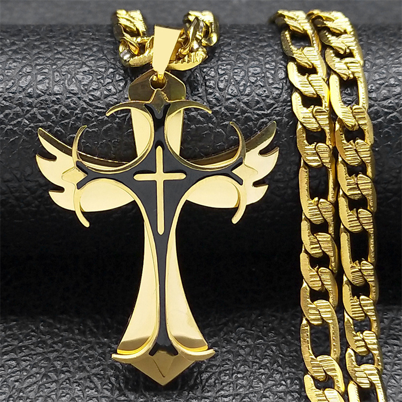 Image of 1pc Men's Heavy-duty 201 Stainless Steel Cross Pendant Necklace - Interlocking Chain, Black And Golden Gothic/, Durable Jewelry Gift For Daily And Formal Wear, Christmas, Birthdays, Anniversaries