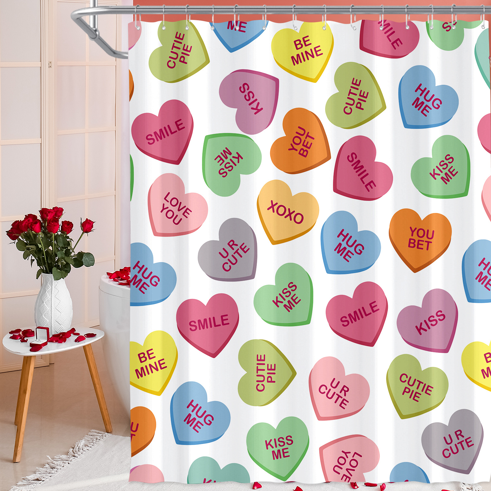 

1pc 's Day Shower Curtain With Heart Phrases - Waterproof & Machine Washable Polyester, 71x71 Inches, Includes 12 Hooks, Home & Bathroom Decor, Shower Curtain Sets For Bathrooms