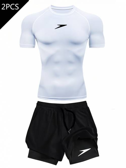 item picture 2pcs mens compression quick high gym and outdoor sportswear with a simple featuring a shapewear t shirt and layered shorts moisture wicking fitness apparel suitable for gym cycling and sports