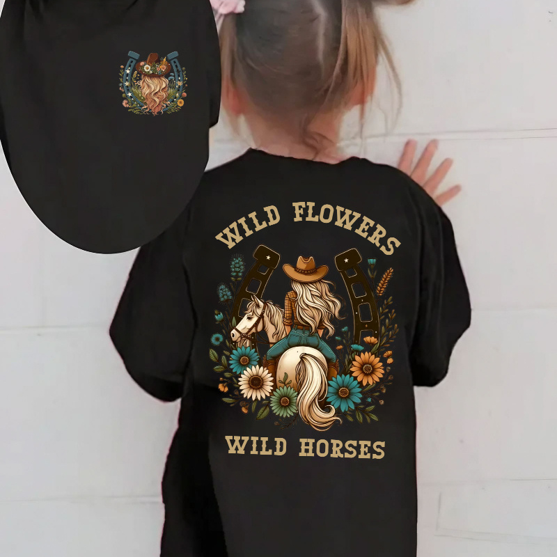 

1pc Girls Cowboy Style Pattern T-shirt - Casual Round Neck Short Sleeve Summer T-shirt, Comfortable And Fashionable Knitted Top, Suitable For And Gifts