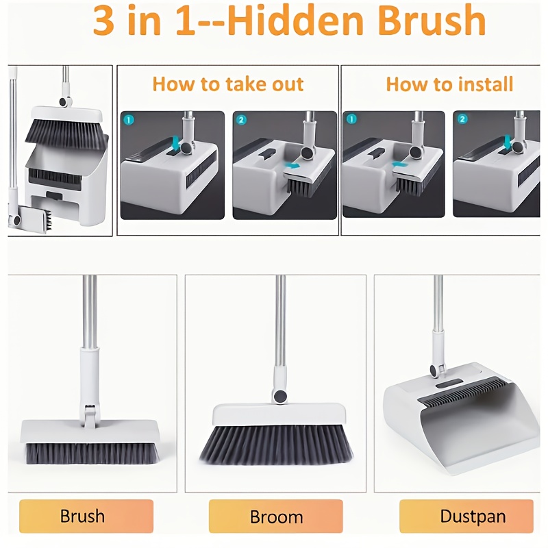 3 in 1 folding broom and dustpan set featuring a flagless broom versatile cleaning kit suitable for living rooms bedrooms bathrooms carpets and hard floors made of durable plastic ideal for home and dorm use 4