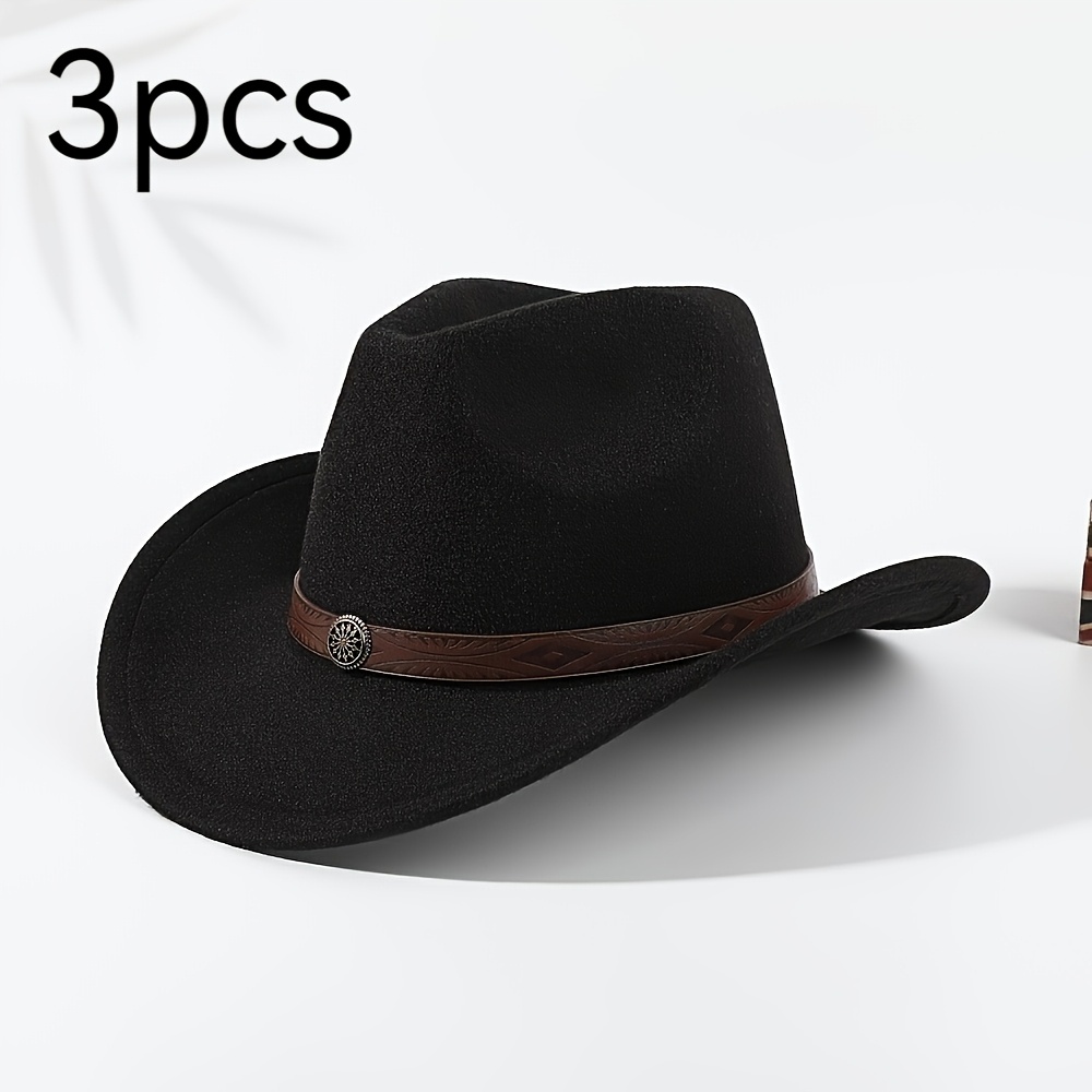 TEMU 3pcs Classic Western Cowboy Hat With Striped Floral Belt , Designed For Outdoor Outfits