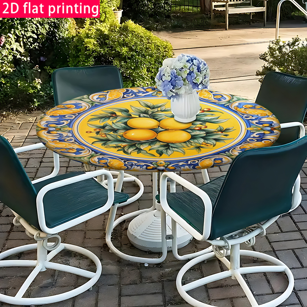 TEMU 2d Mediterranean Decorative Plate Pattern Elastic Round Tablecloth, Perfect For Indoor And Outdoor Picnics And Camping Activities. Suitable For