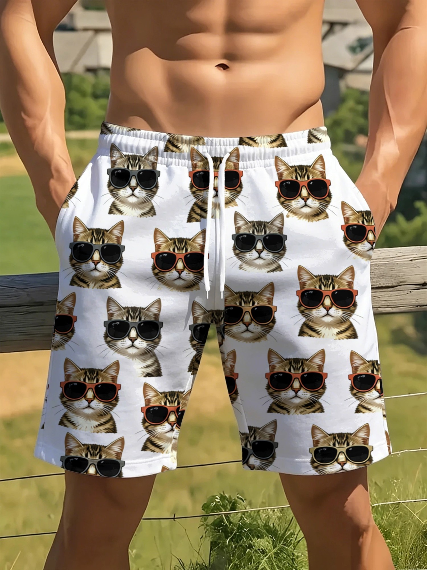 [tryckdesign - ej texturerad] herrshorts,  - och vitrandig, trendiga vardagsglasögon cool katt sött husdjur helgrumstryck, strandpromenad strandområde snabbtorkande fräsch  -kladdig lös passform pool