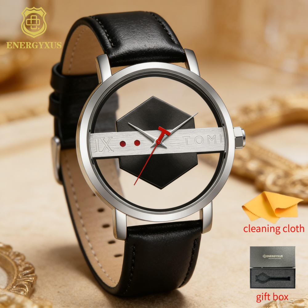TEMU Minimalist Clear 's Watch With Pu Strap Simple Ahollow Watch For Men With Gift Box And Cleaning Cloth