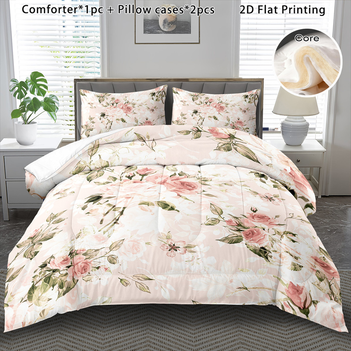 TEMU 3pcs Winter Comforter Set Featuring A Pink Rose , A Cozy Boho Style. Bedding Makes A Gift For Halloween, Christmas, Or Birthdays, And Includes 1