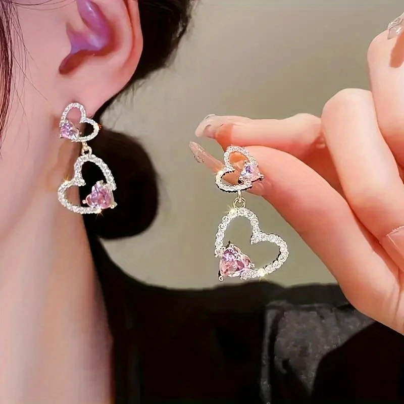 1 pair elegant pink heart drop earrings for women luxurious with sparkling crystals perfect valentine s day gift or party jewelry cute and stylish accessory valentines jewelry heartshaped earrings intricate details 2