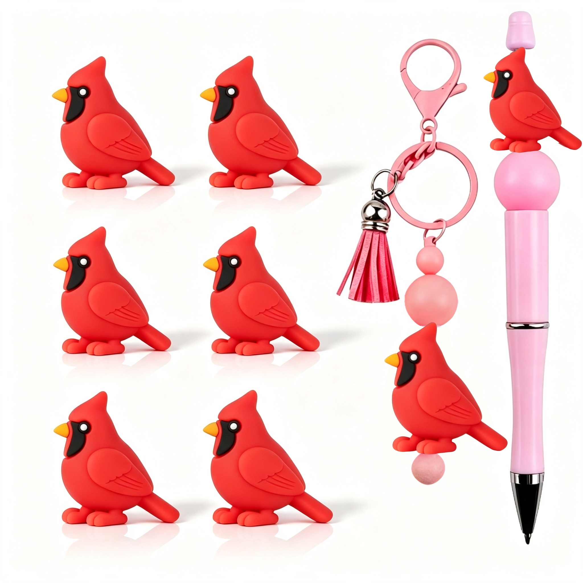 TEMU 6pcs Red Bird Beads, Silicone Beads, Needle Tip Protectors, Knitting Needles And Stoppers, Set With Matching Beads, For Beads, Bead Pens,