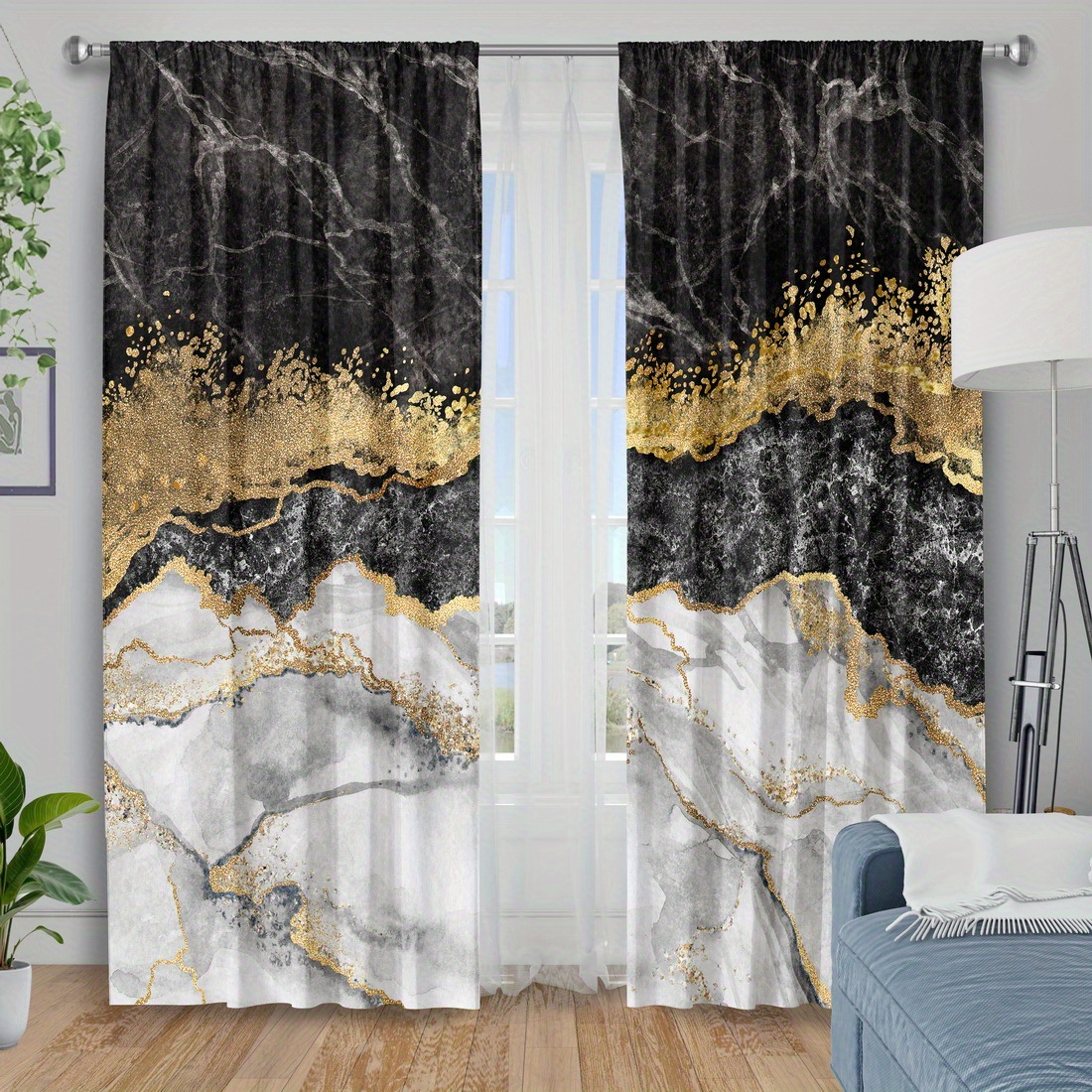 TEMU 2pcs Curtain Fabrics, Marble Printing Window Products, Insulation Blackout Curtains For Bedroom, Polyester Machine Washable, Kitchen Bedroom