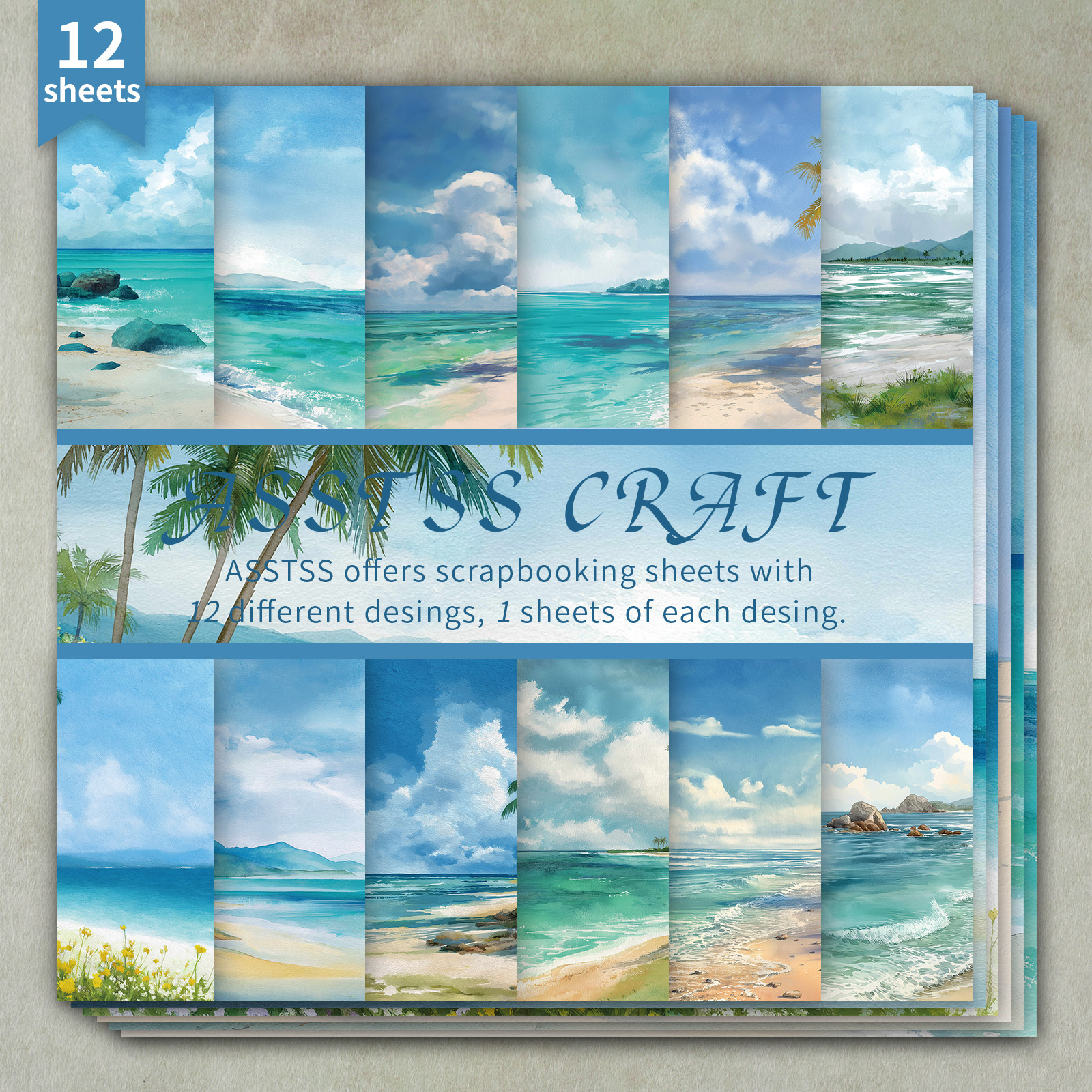 TEMU Bloc de papier scrapbooking ASSTSS de 12 feuilles 6X6 pouces, Papier de base style nature style tropical été plage aquarelle , mer, océan,