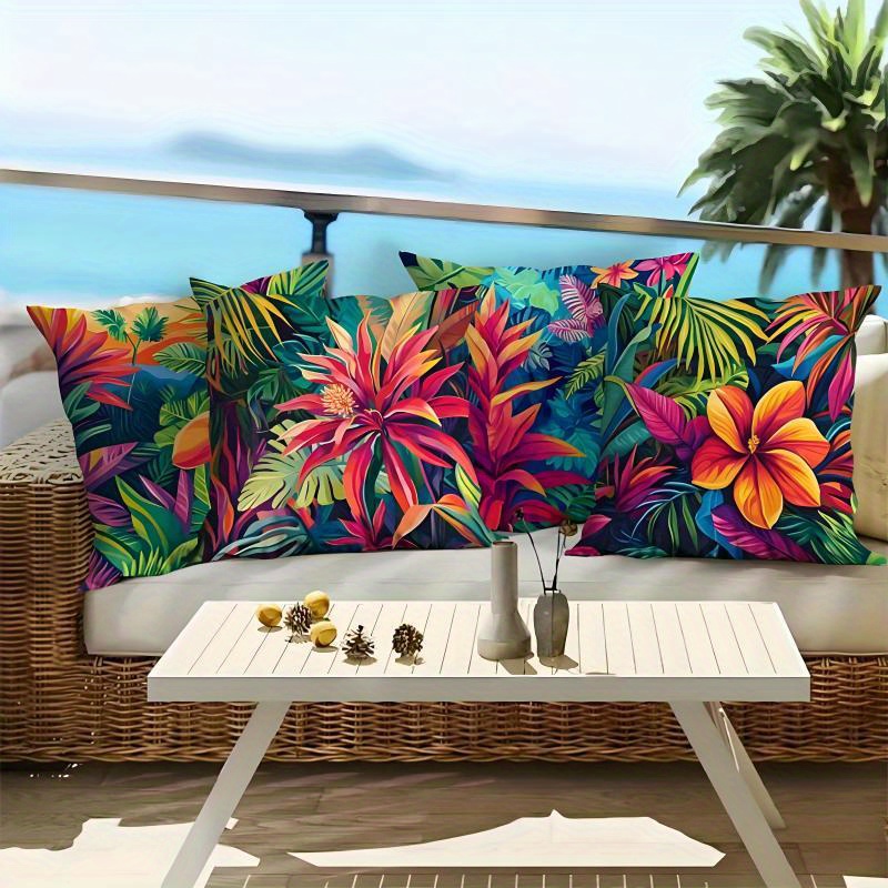 TEMU 4 fundas de almohada parabólicas para exteriores con estampado floral tropical , aptas para muebles de patio, estampado a una cara, tres tamaños
