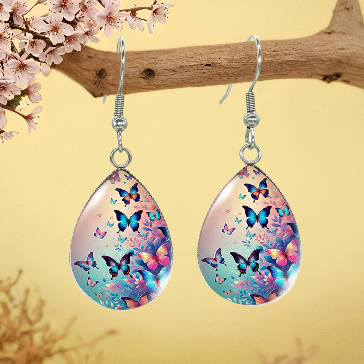 TEMU Boucles d'oreilles à l'illustration de papillon volant, accessoires en verre, cadeau tendance