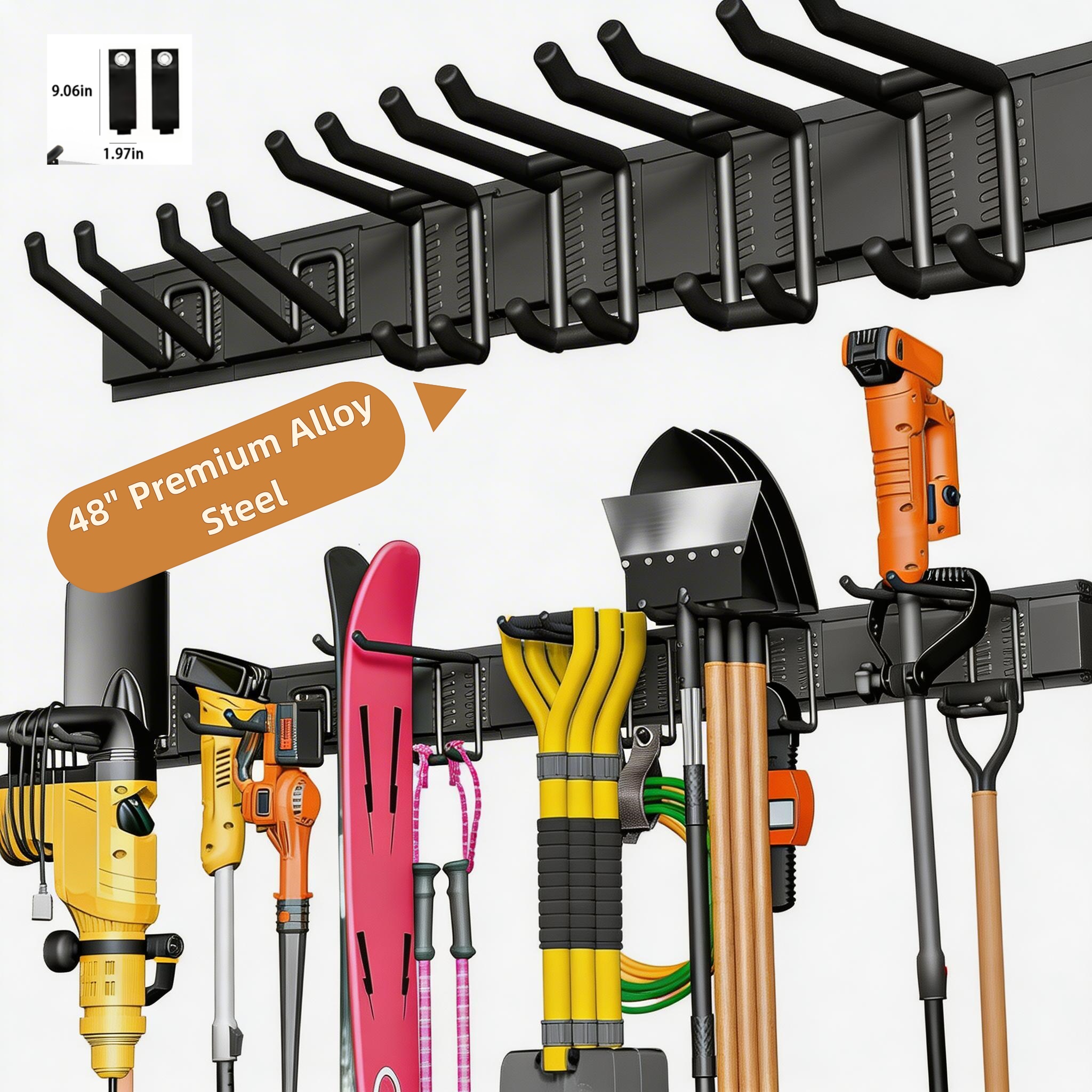 TEMU Support mural de rangement robuste pour outils de jardin de 48 pouces, 4 grands, 2 petits, 6 crochets, organisateur de garage, cadeau de Noël,