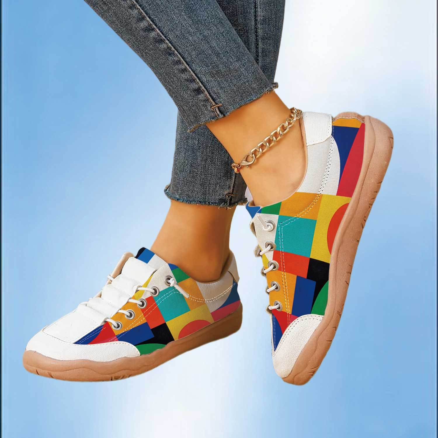 TEMU Women's Plus-size Wide-toe Outdoor Shoes, Versatile, Contrast Color Geometric Print, Low-top Casual Shoes, Student-friendly Skate Shoes, , Soft