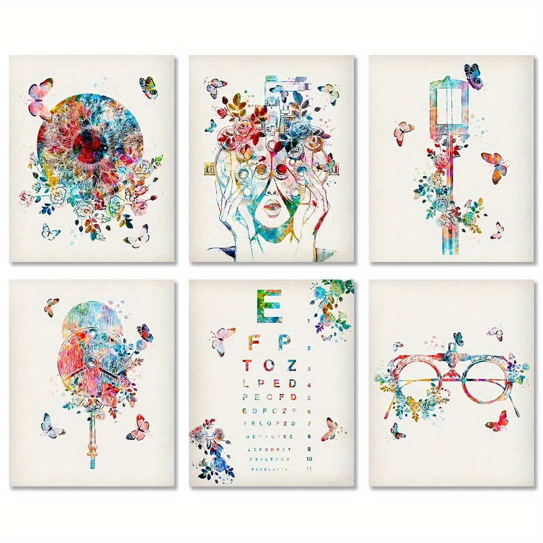 TEMU Affiches 2D plates, 2D plates, 6 pièces cadre sur le thème de la protection des yeux, cadeau d'optométriste d'art ophthalmologique, table