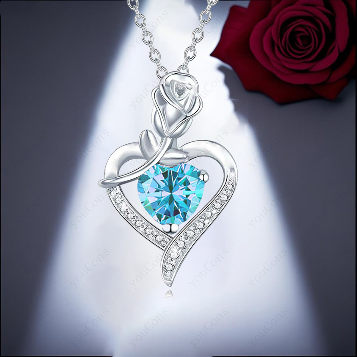 Women's Light Blue Lucky Stone Heart Pendant Necklace Gift Set