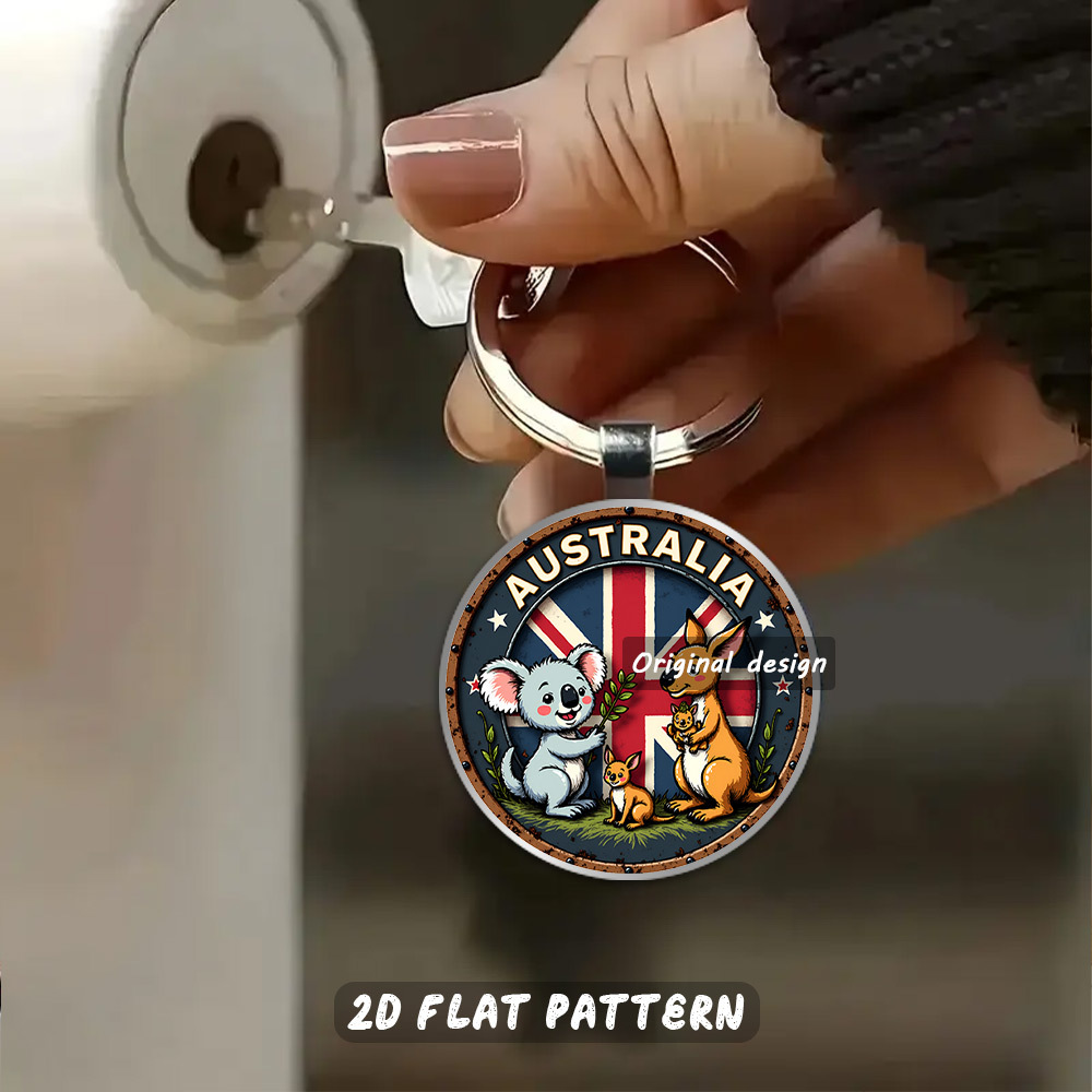 TEMU 2d Flat, 1pc Durable Metal Keychain, Kangaroo & Koala Duo - Vibrant Australian Emblem With Design - , Australia Day & Unique Gifting, 2d Flat