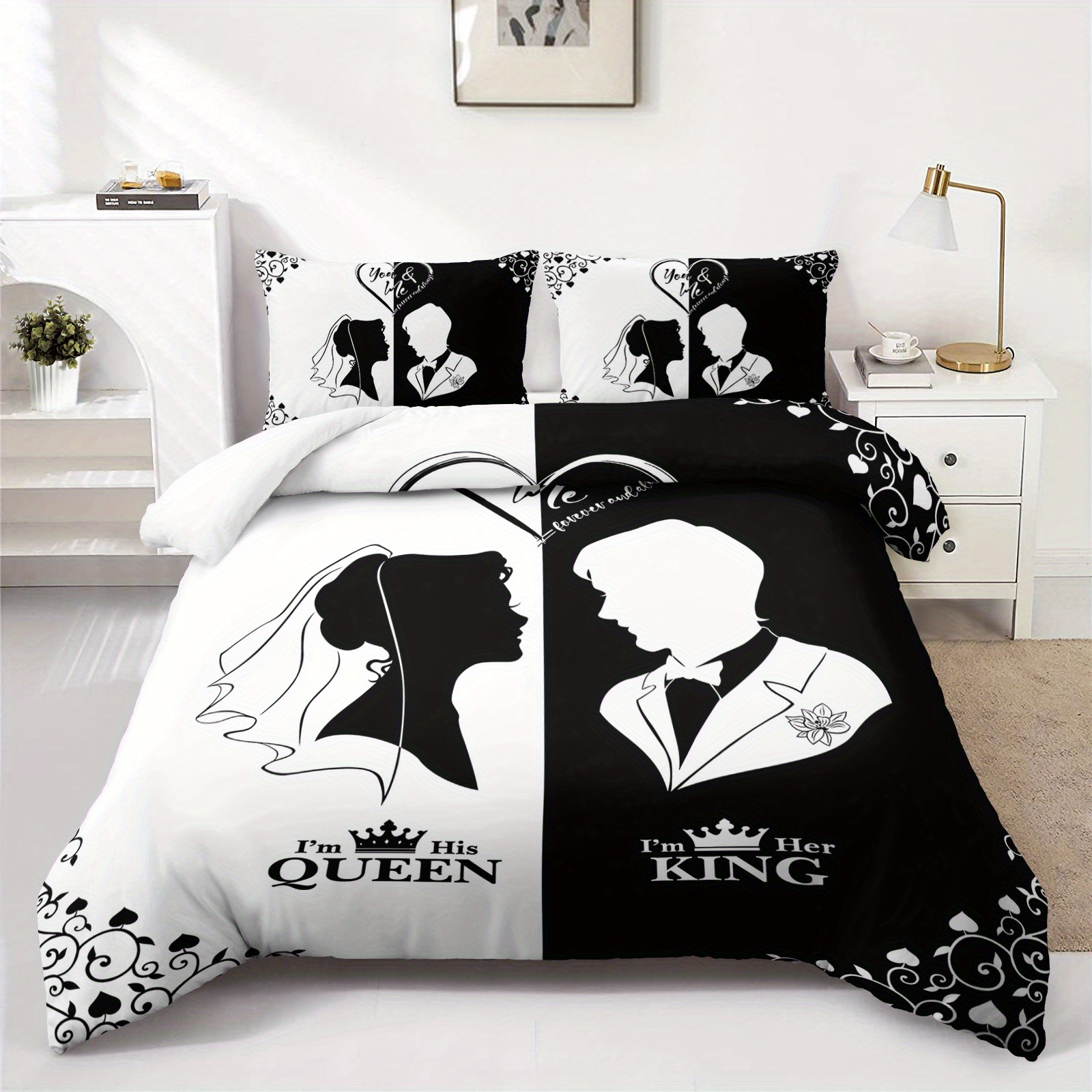 3pcs black white couple silhouette duvet cover king queen bedding set wedding bedroom decor   1duvet cover 2pillowcase no comforter Product details 0