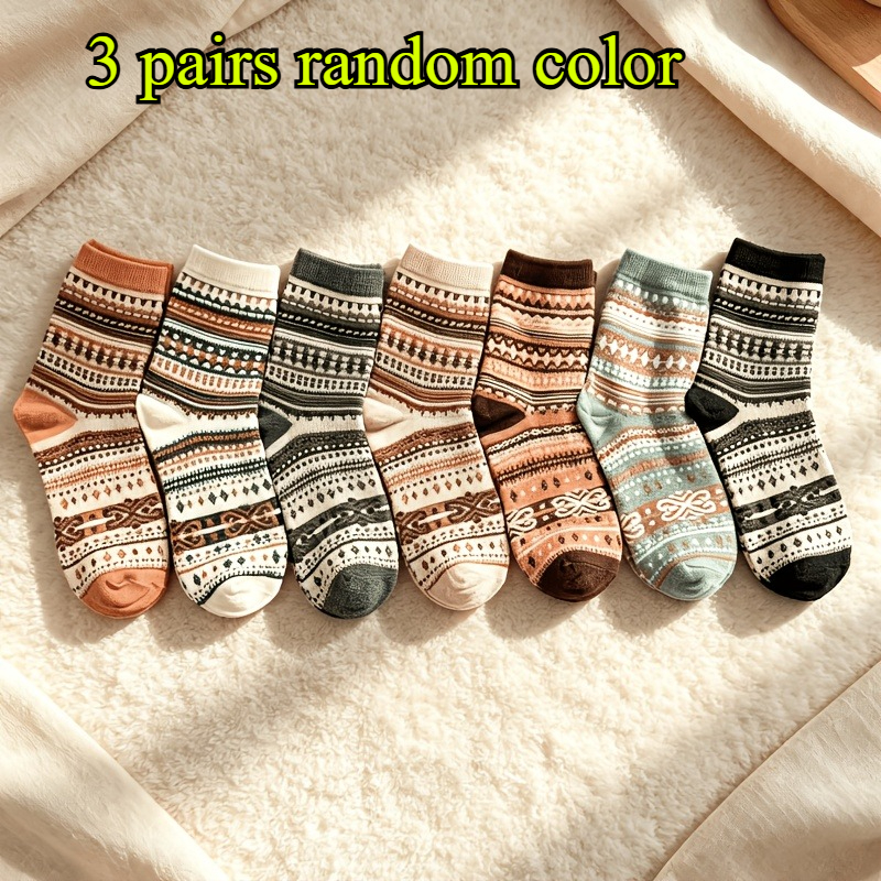 TEMU 3 Pairs Random Winter Women's Warm Comfortable Retro Ethnic Style Maderia Color Casual Mid-calf