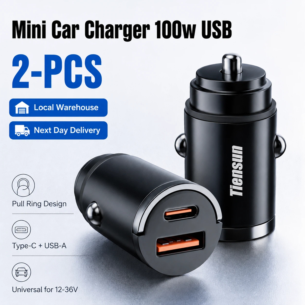 [2-pack] Car Charger, 100w , Hidden Car Adapter, Usb C+a Charging With Functional Pull Ring Design, Yp37838ssi, Power Adapter For Car Socket, Without Battery