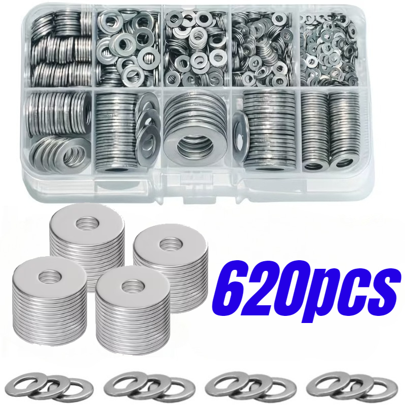 TEMU Flat Washer Set With Box - Durable Height Increasing Spacers, Polished Surface End, Size M2-m12, Suitable For And Screw Tightening, Industrial