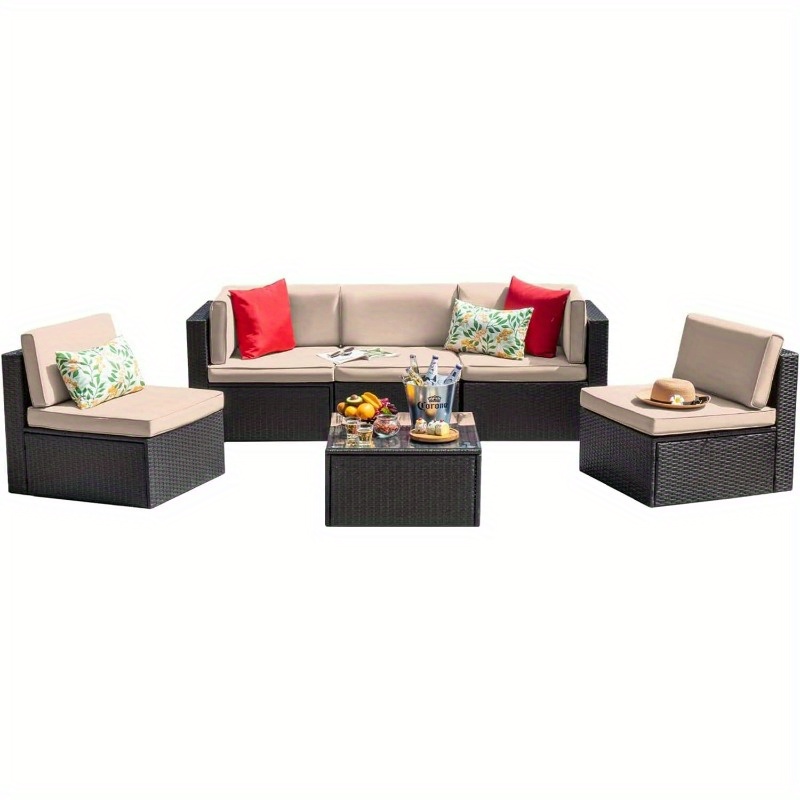 Patio Furniture Sets 6pcs Outdoor Sectional Rattan Sofa Manual Weaving Wicker Patio Conversation Set with Glass Table and Cushion Beige