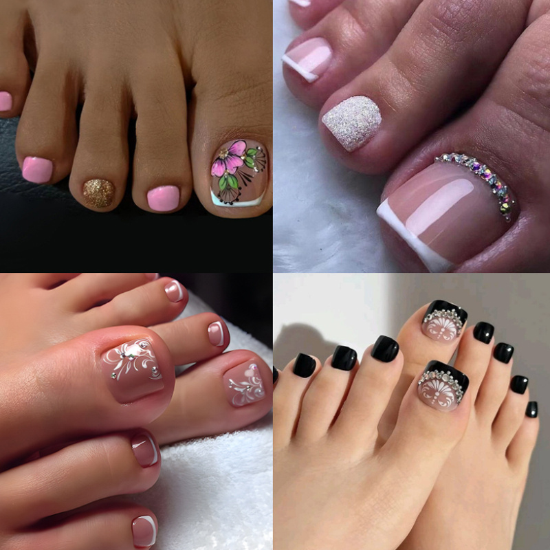 TEMU (96pcs) | Short Rounded Square Press On Toenails Combination Set - Full Cover False Toenails For Women, Flower Glitter Pedicure Nail Art