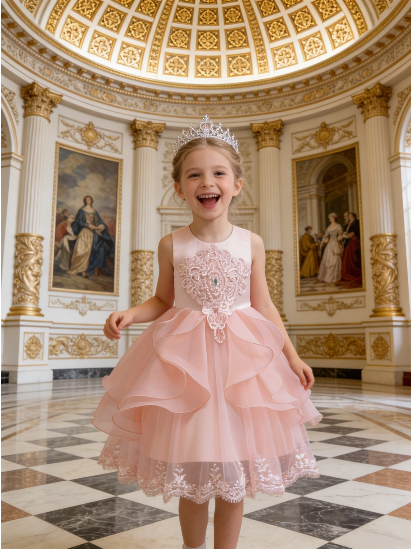 Little Girl Princess Gown Kid Formal Robe Holiday Dress Child Party  Ceremony Attire Soft Pink Sleeveless Beaded Lace Embroidery Wave Layered  Tulle Skirt Lace Hem Wedding Birthday Banquet Pageant Show ...
