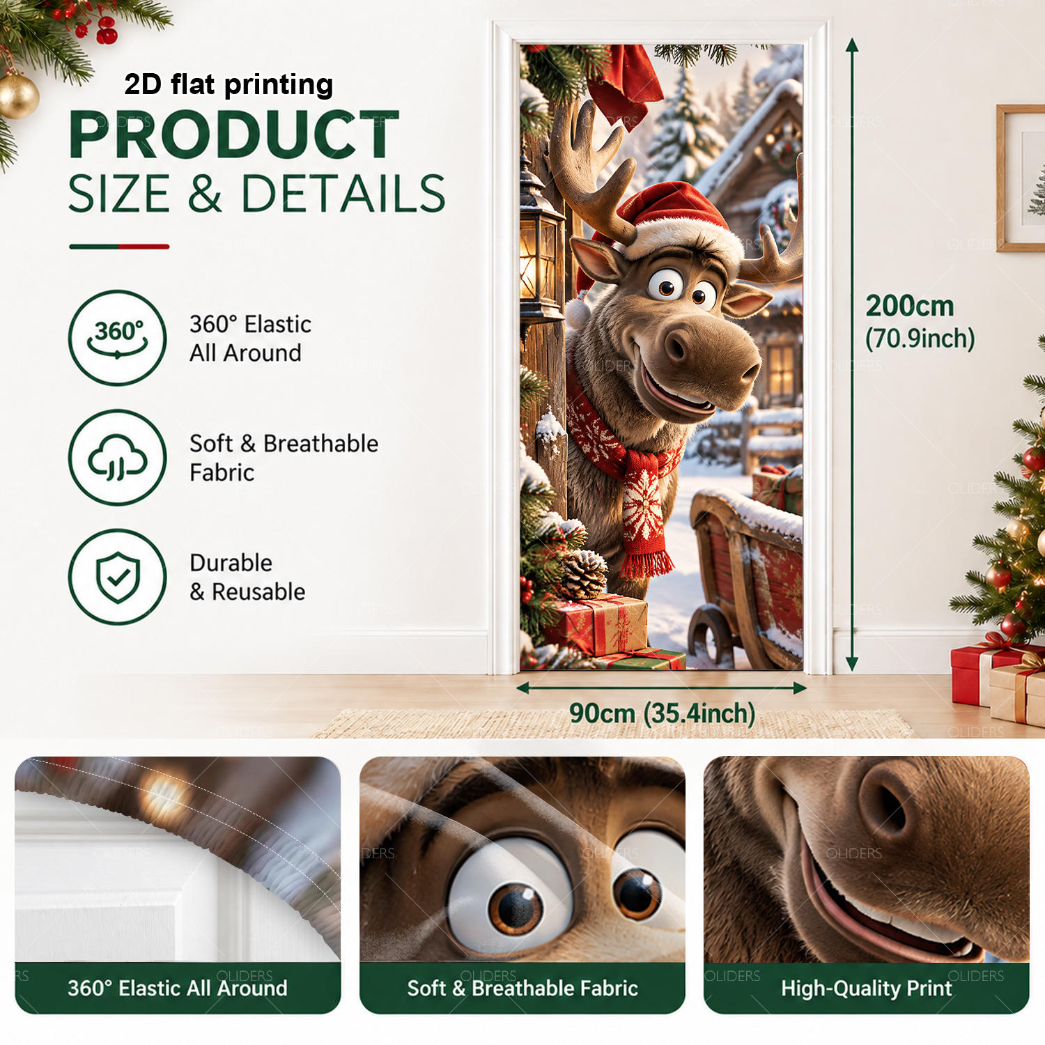 TEMU 2d Flat, 2d Door Banner, 2d Flat Door Banner 1pc Christmas Peeking Moose Door Cover, Cute Cartoon Moose With Santa Hat& Red Snowflake Scarf