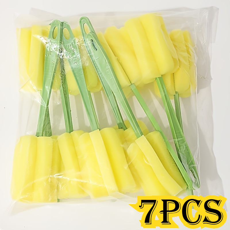 TEMU 7 piezas, PP Plástico Material + Cepillo de Esponja para Vasos, Mango Extendido, Mango Verde, Esponja Amarilla, para Limpieza de Botellas en ,