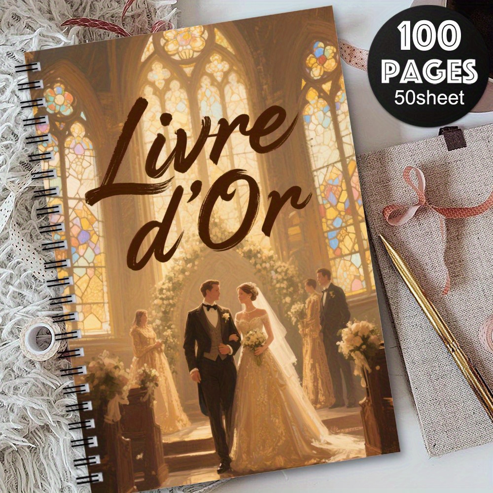 TEMU 1pc 'Or Élégant pour Mariage Français & Journal d'Événement - Design et Mariée - Cahier à Spirale Souvenir pour Mariage, Fête de Noce,