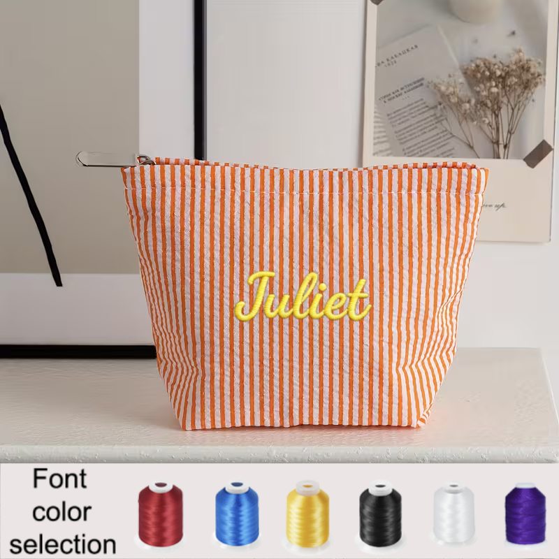 TEMU Custom Embroidered Textous Gauze Makeup Bag, Handheld Cosmetic Pouch, Women' Portable Toiletry Bag, Striped Storage Bag, Premium Striped Style,