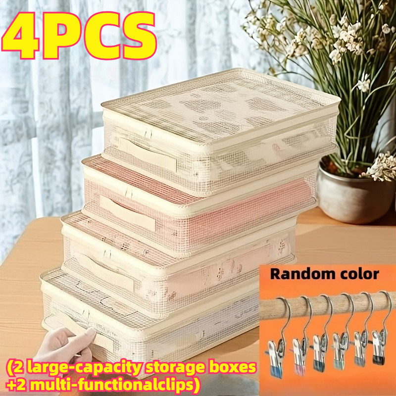 TEMU 4 piezas (2 cajas de almacenamiento de gran capacidad y 2 clips multifuncionales) Organizador plegable para guardar sábanas con cremallera
