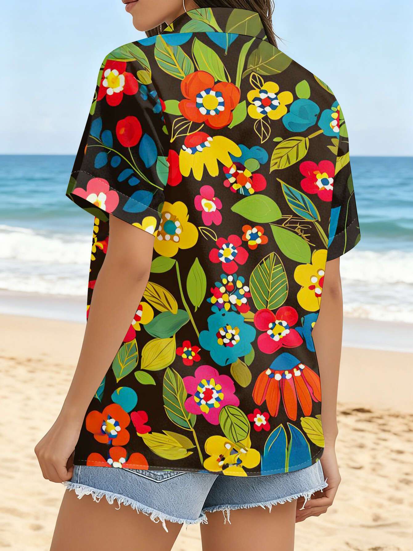 new womens short sleeve shirt with vibrant all over colorful floral and leaf print   background versatile casual top for daily commuting machine washable button up printed shirt